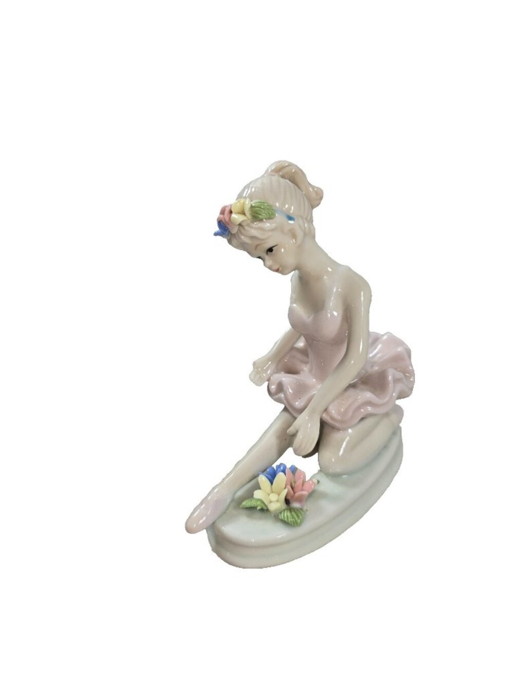 Vintage Porcelain Ballerina Figurine Pastel Pink Floral Lace Shelf Decor